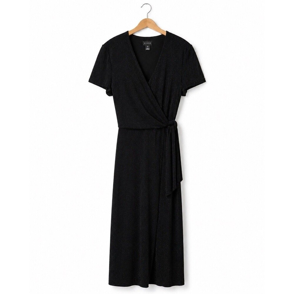 Virgo Black Sparkle Wrap Dress Womens Size 18 Midi Short Sleeve Evening